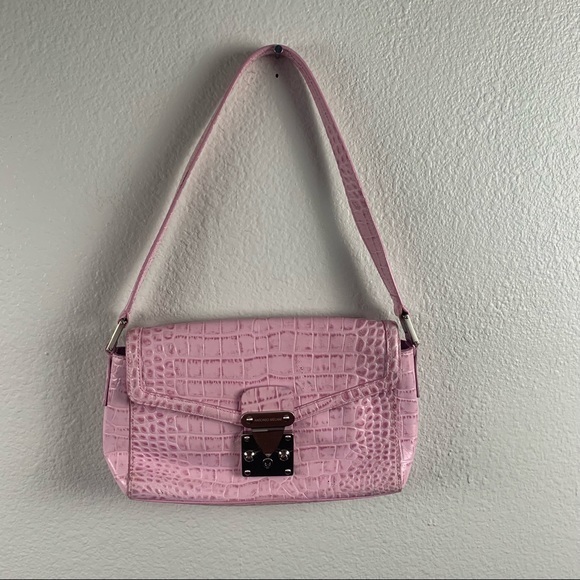ANTONIO MELANI Handbags - Antonio Melanie Pink Leather Snake Embossed Shouter Bag Brushed Silver Hardware